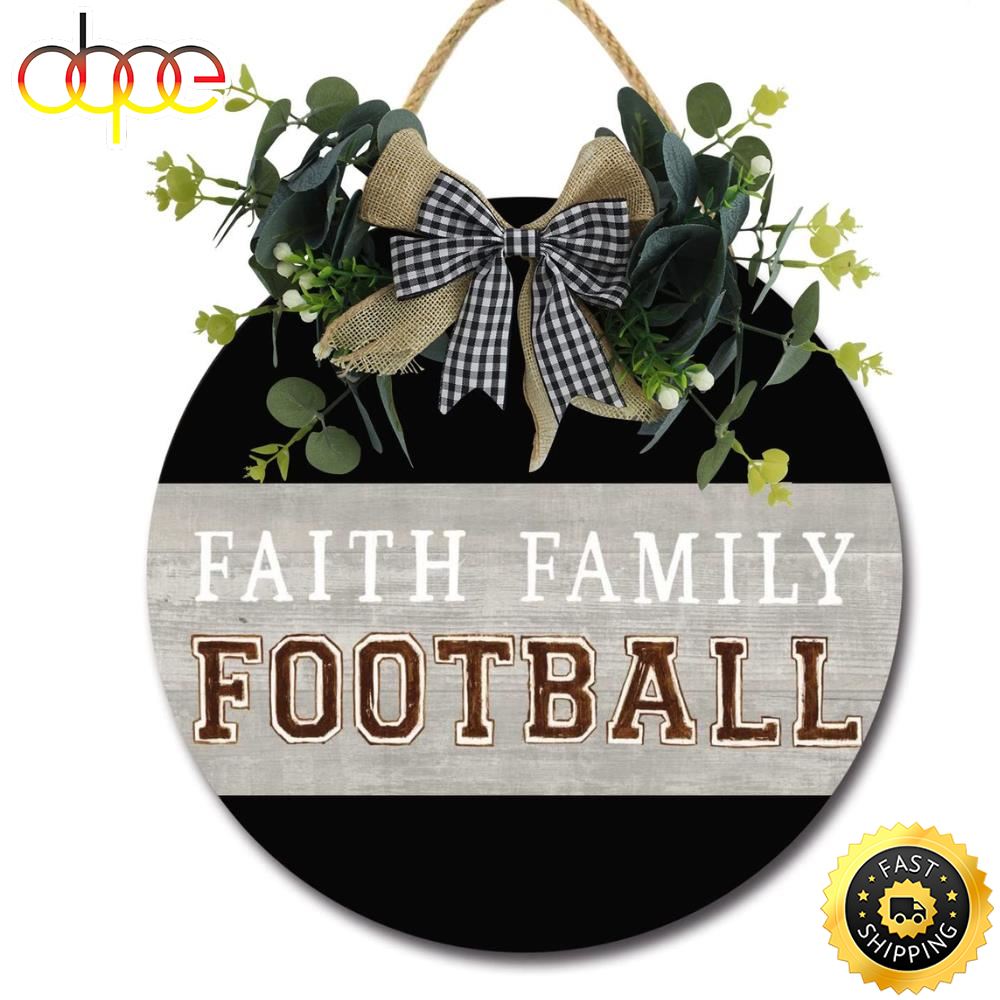 Fall Welcome Sign - Faith Family Football Wood Hanging Decor 12 Inch Autumn Harvest