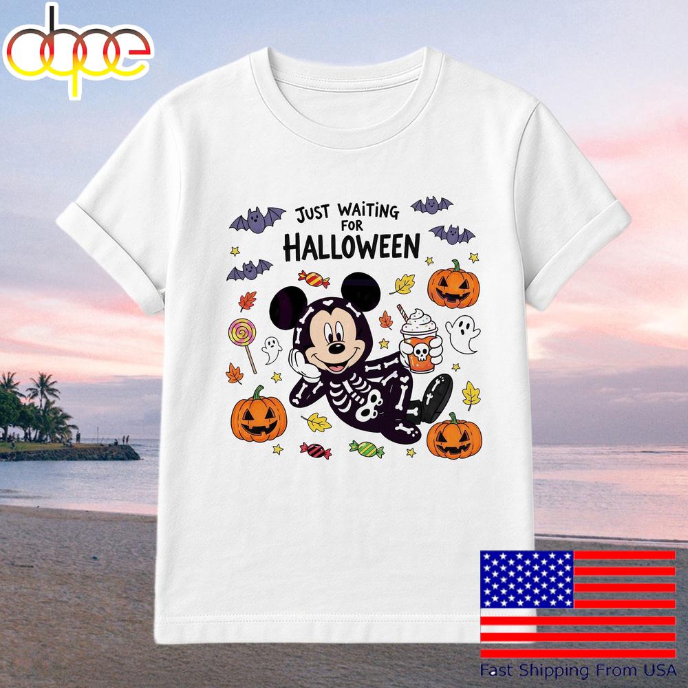 Just Waiting For Halloween Mouse Character Pumpkin Fall Spooky Season T-Shirt
