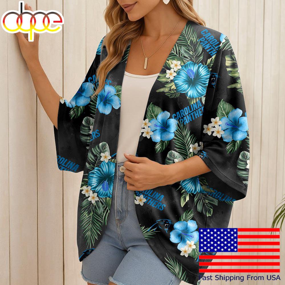 NFL Carolina Panthers Hawaiian Hibiscus Beach Kimono For Women NFL Carolina Panthers Hawaiian Hibiscus Beach Kimono For Women