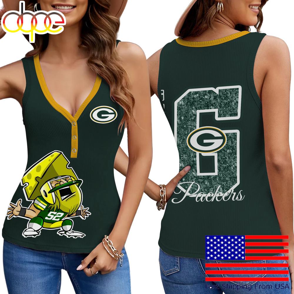 NFL Green Bay Packers Mascot New 2025 Women V-Neck Ribbed Tank Top