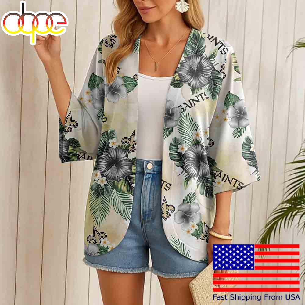 NFL New Orleans Saints Hawaiian Hibiscus Beach Kimono For Women NFL New Orleans Saints Hawaiian Hibiscus Beach Kimono For Women