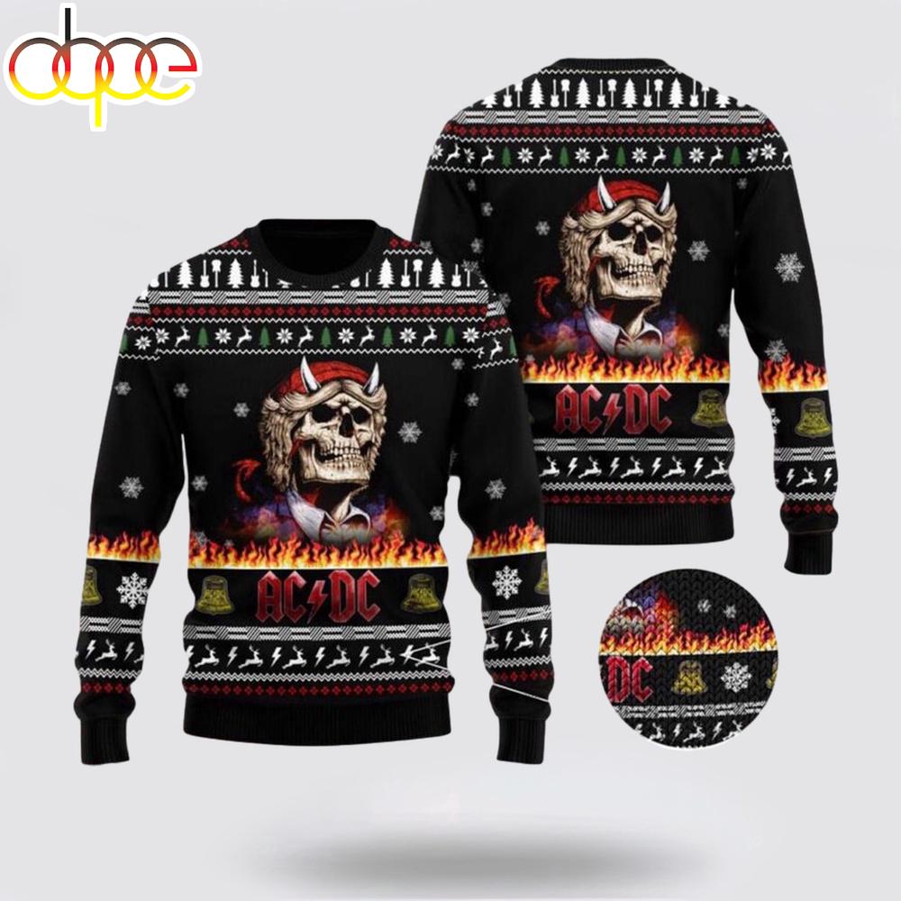 ACDC Angus Young Skeleton In Flame 2025 Ugly Christmas Sweater