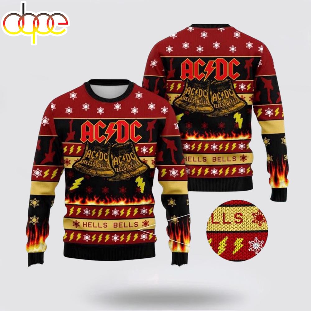 ACDC Hells Bells Flames Graphics Thunder Pattern Ugly Christmas Sweater