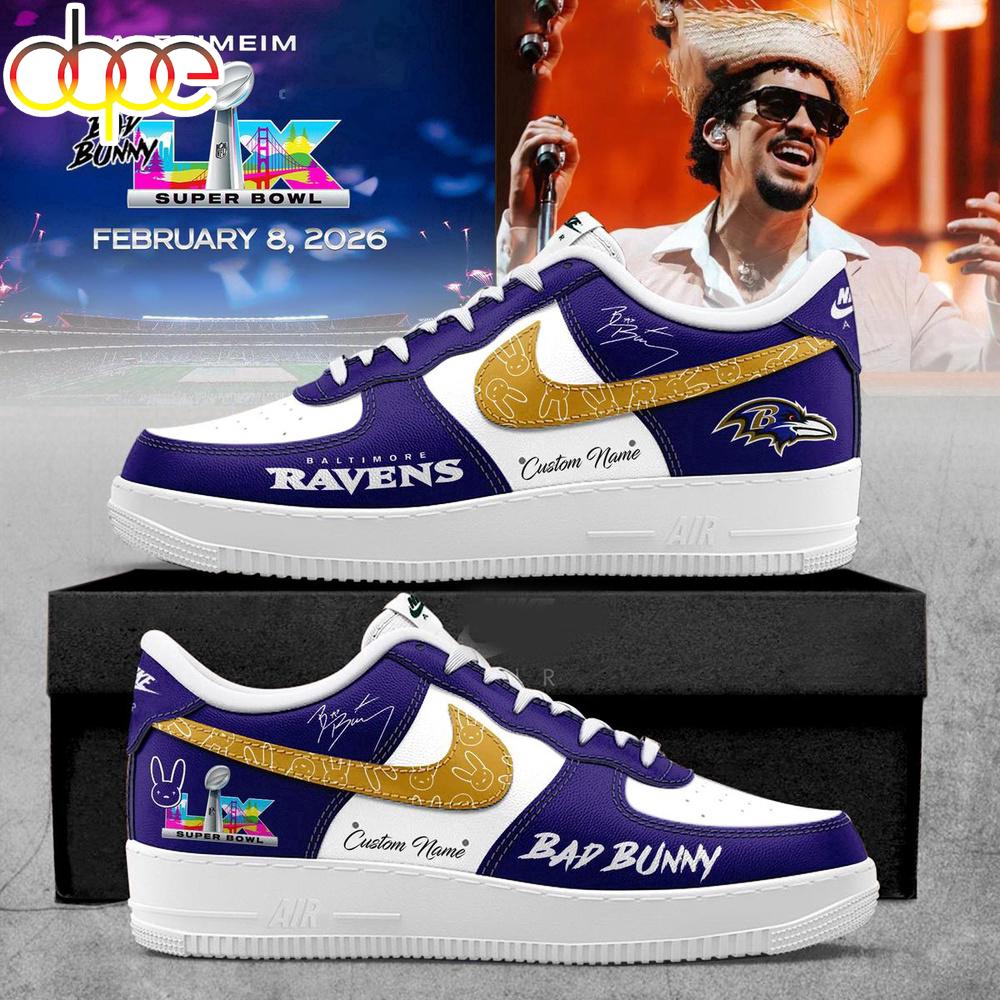 Custom Name Baltimore Ravens NFL x Bad Bunny Super Bowl LX Air Force 1 Shoes