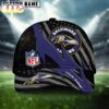 Custom Name Baltimore Ravens NFL Black And White American Flag Fire Baseball Cap