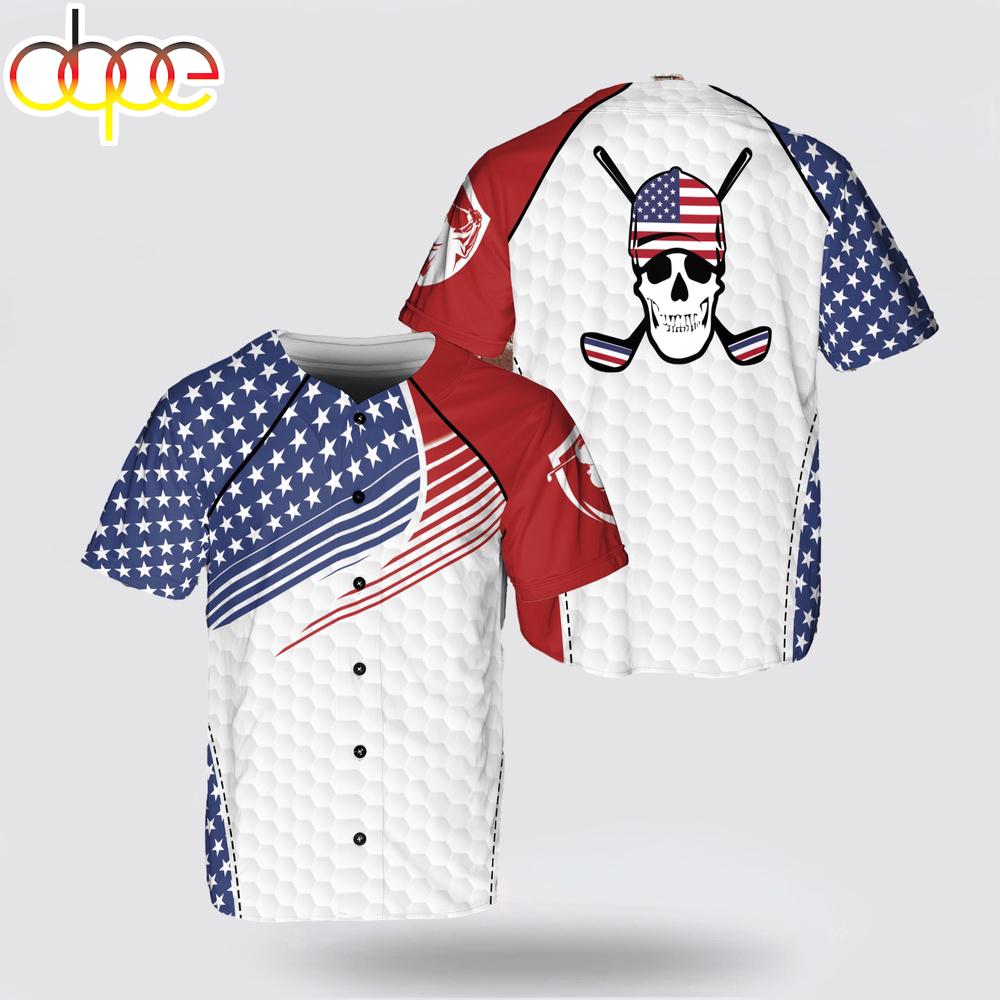 Golfer Skull Playing Golf United States US Flag Baseball Jersey Shirt
