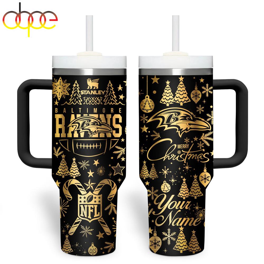 Custom Name Baltimore Ravens NFL Holiday Gold Tumbler 40oz