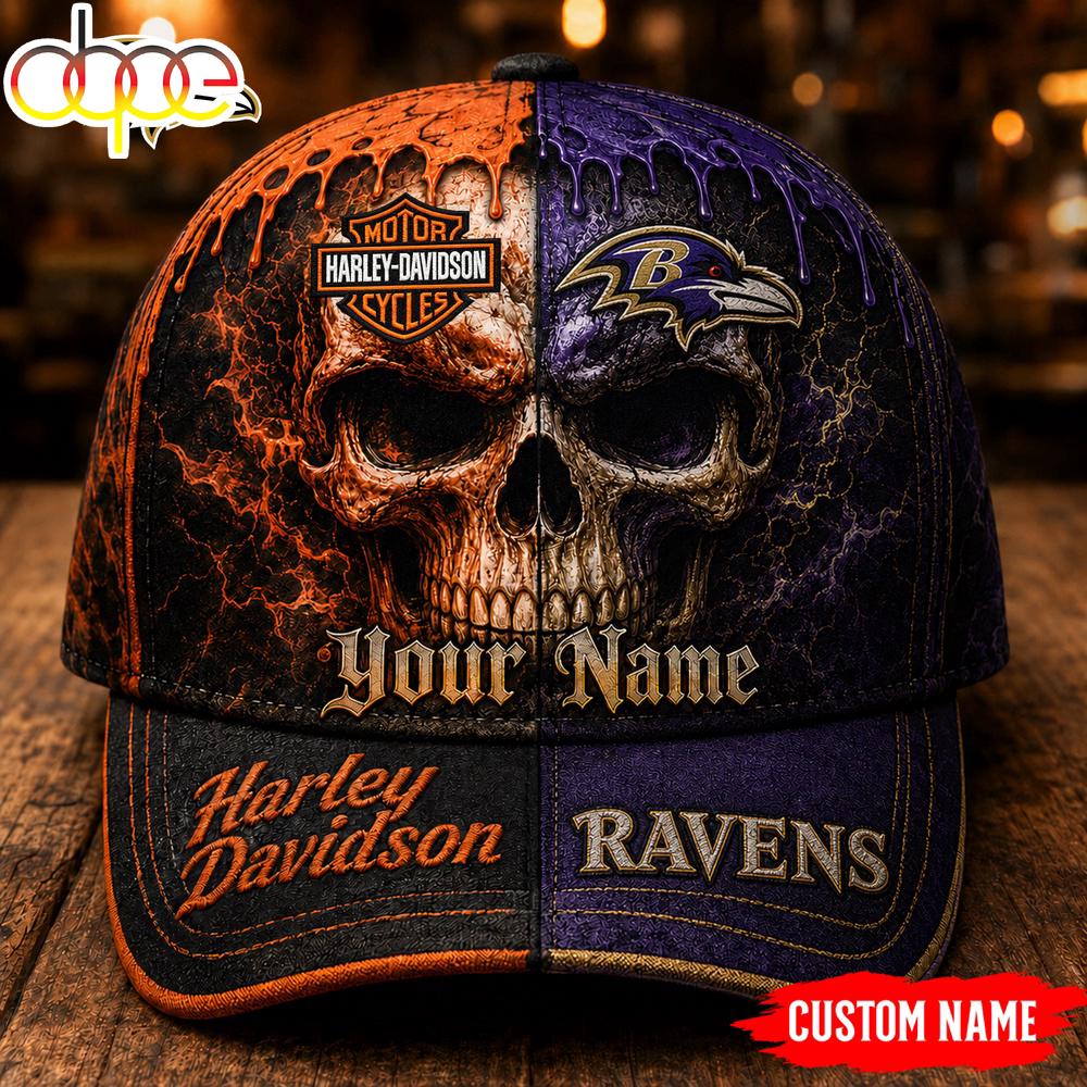 Custom Name Baltimore Ravens NFL Harley Davidson Split Skull Classic Cap