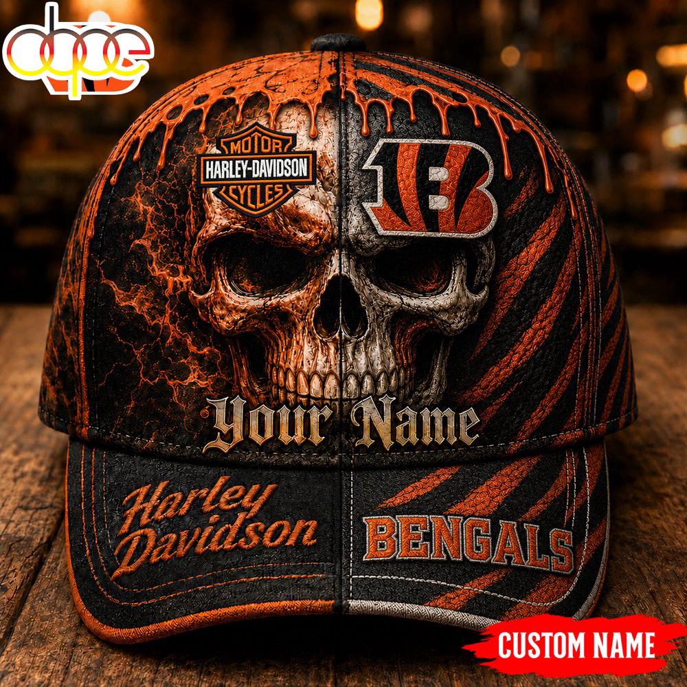 Custom Name Cincinnati Bengals NFL Harley Davidson Split Skull Classic Cap