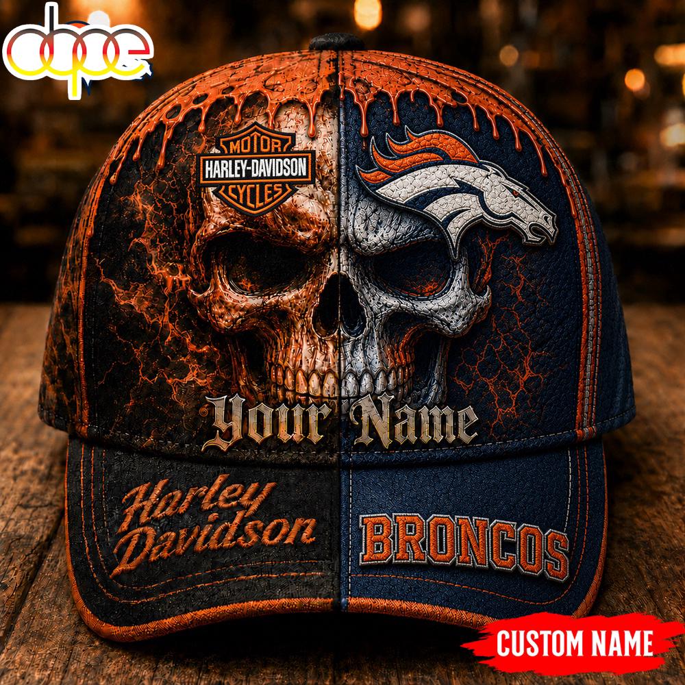 Custom Name Denver Broncos NFL Harley Davidson Split Skull Classic Cap
