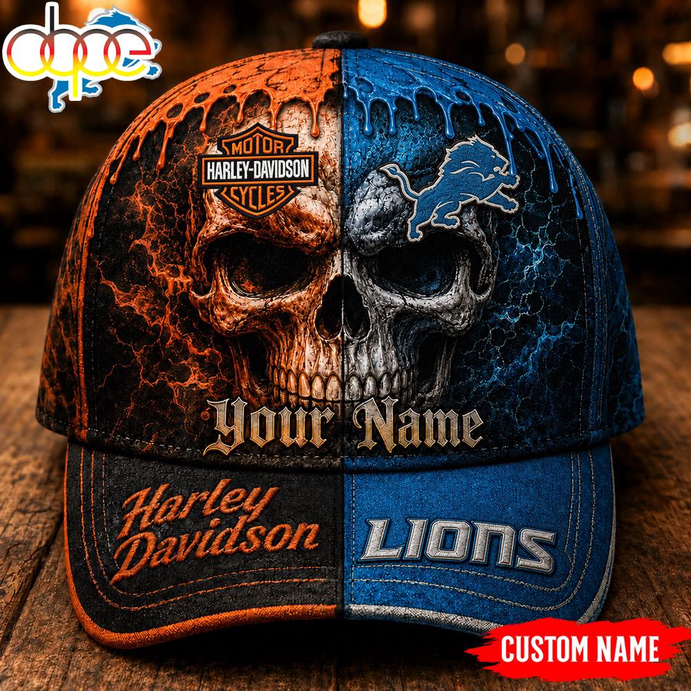 Custom Name Detroit Lions NFL Harley Davidson Split Skull Classic Cap