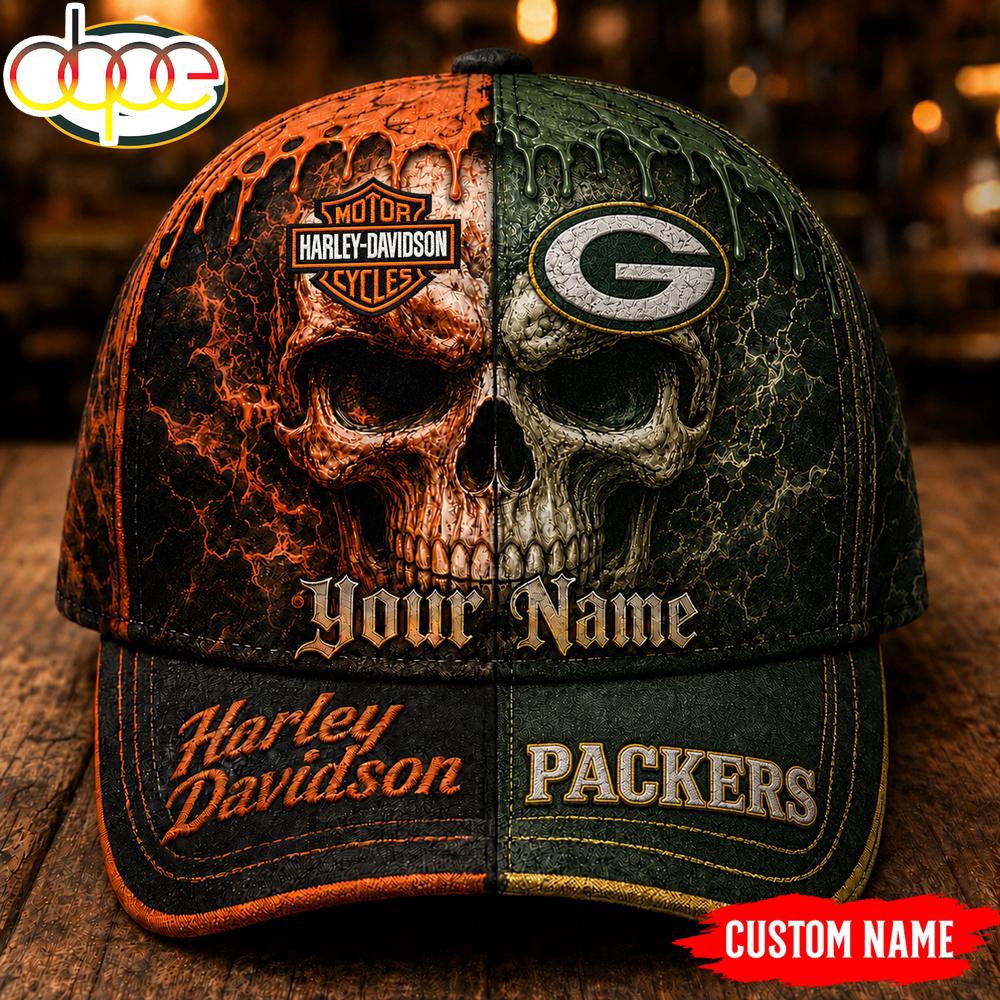 Custom Name Green Bay Packers NFL Harley Davidson Split Skull Classic Cap
