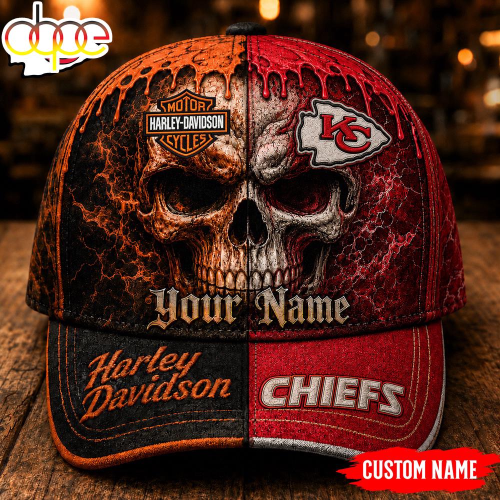 Custom Name Kansas City Chiefs NFL Harley Davidson Split Skull Classic Cap