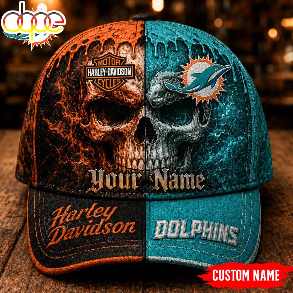 Custom Name Miami Dolphins NFL Harley Davidson Split Skull Classic Cap