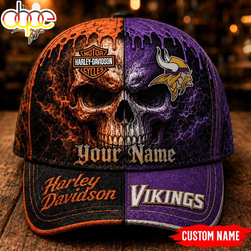 Custom Name Minnesota Vikings NFL Harley Davidson Split Skull Classic Cap