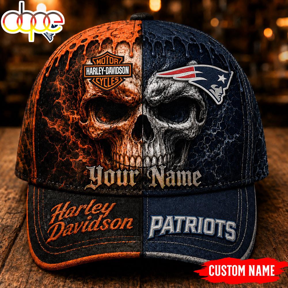 Custom Name New England Patriots NFL Harley Davidson Split Skull Classic Cap