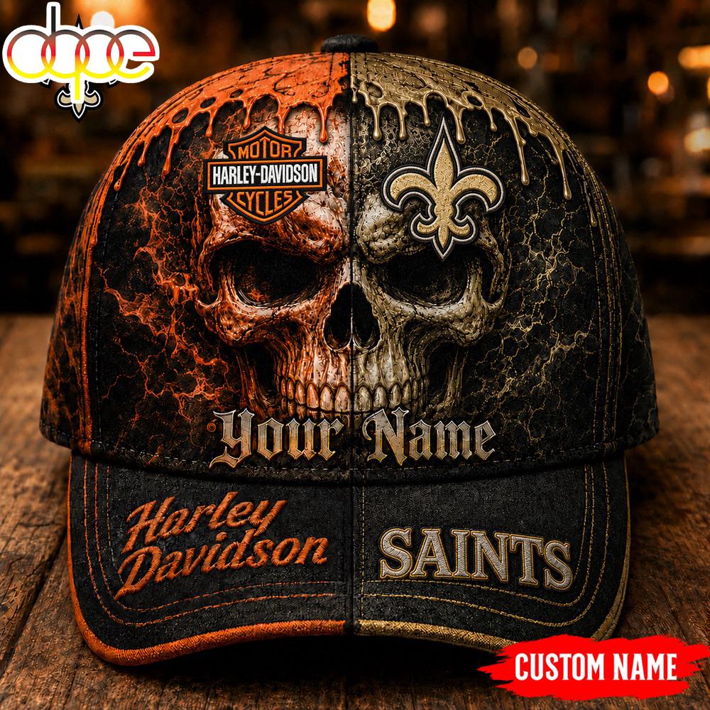 Custom Name New Orleans Saints NFL Harley Davidson Split Skull Classic Cap