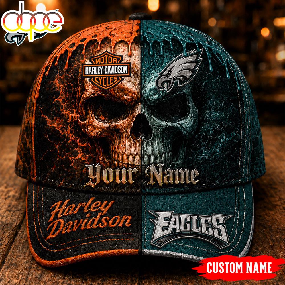 Custom Name Philadelphia Eagles NFL Harley Davidson Split Skull Classic Cap
