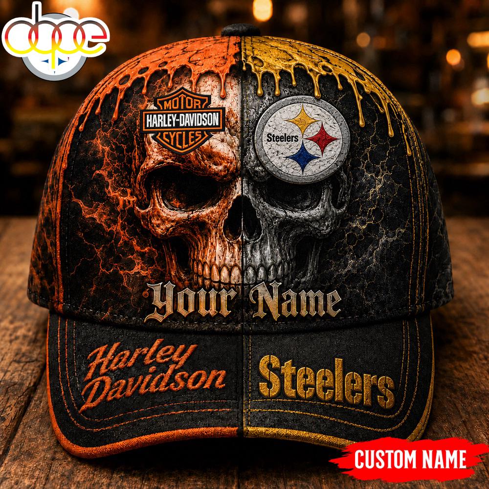 Custom Name Pittsburgh Steelers NFL Harley Davidson Split Skull Classic Cap