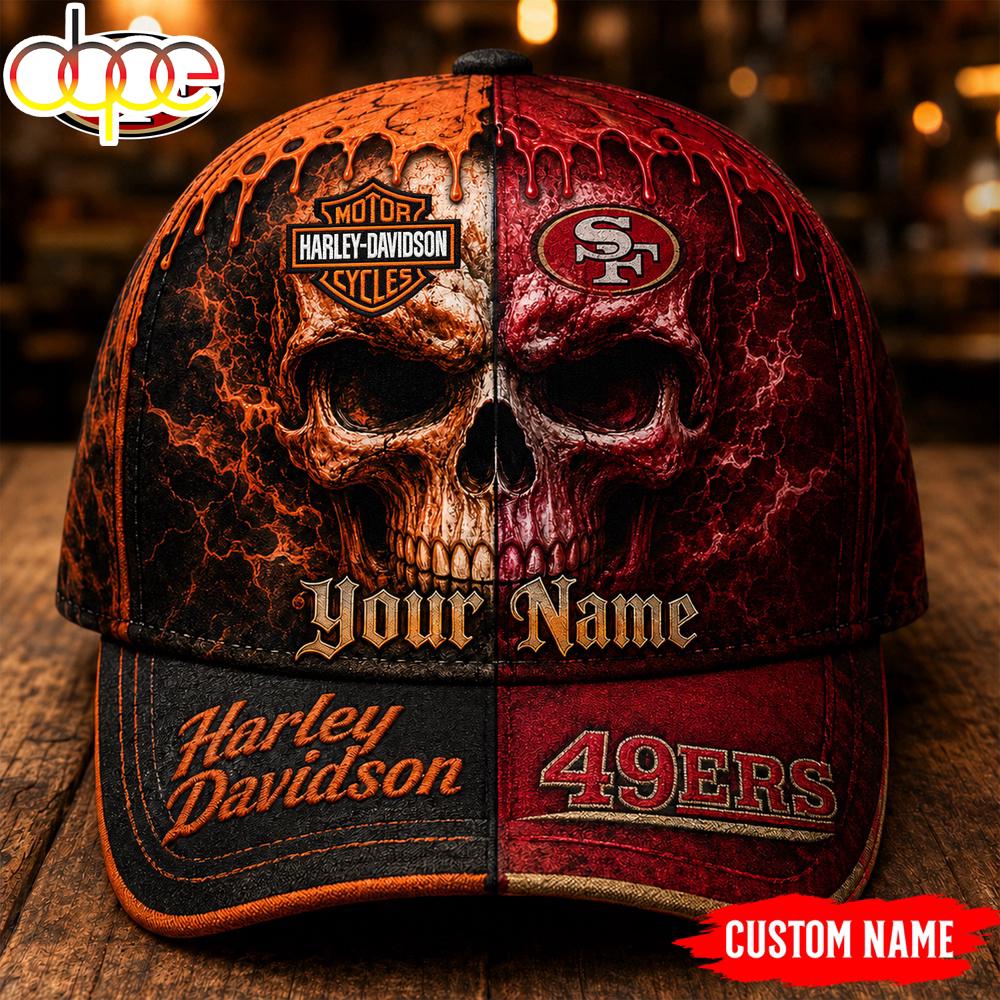 Custom Name San Francisco 49ers NFL Harley Davidson Split Skull Classic Cap